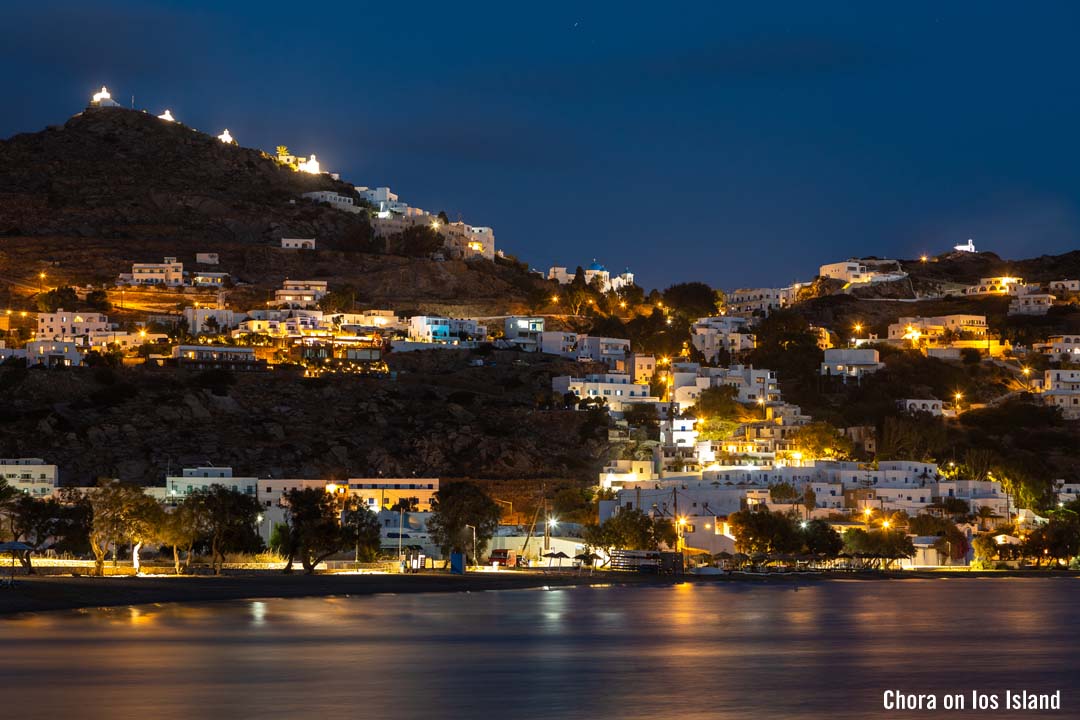 Waterfront view of Chora on the island of Ios in the Cyclades of Greece