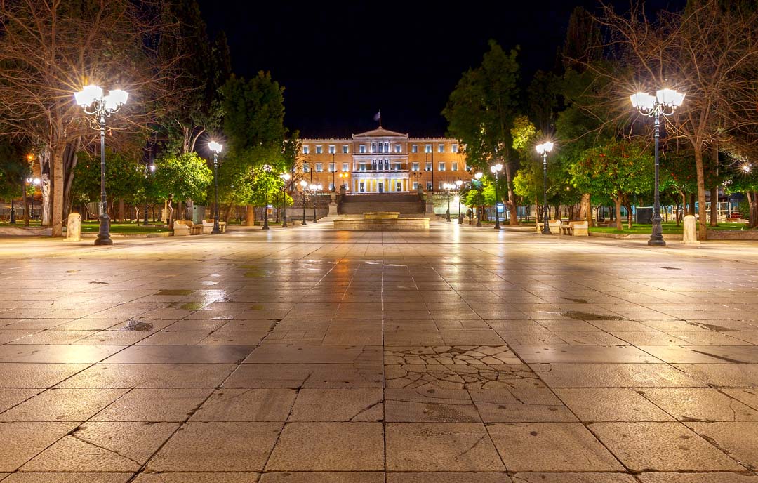 At night at Syntagma Square in Athens Greece