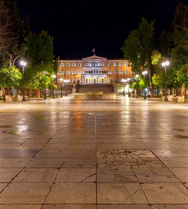 At night at Syntagma Square in Athens Greece