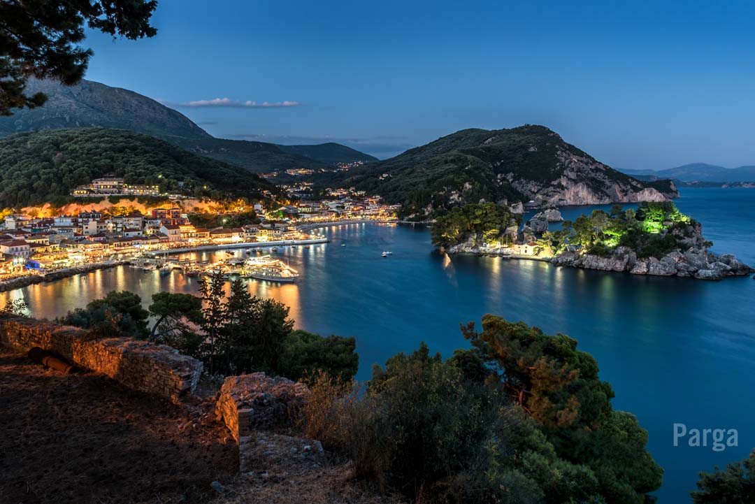 Dusk along the waterfront in Parga Greece