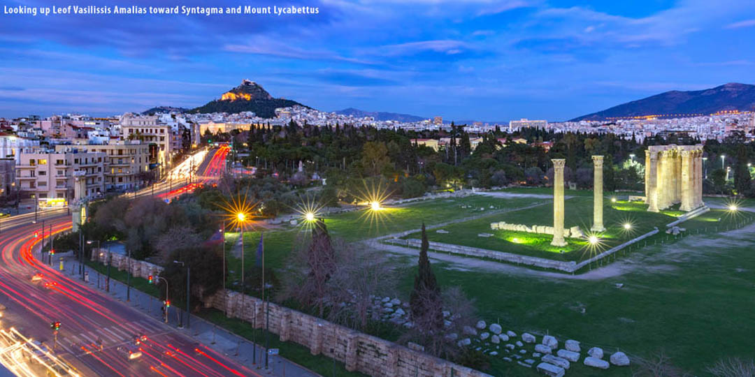 Mount Lycabettus in distance, leof Vasilissis Amalias by the Z god Temple Mount Lycabettus in distance, leof Vasilissis Amalias by the Z god Temple