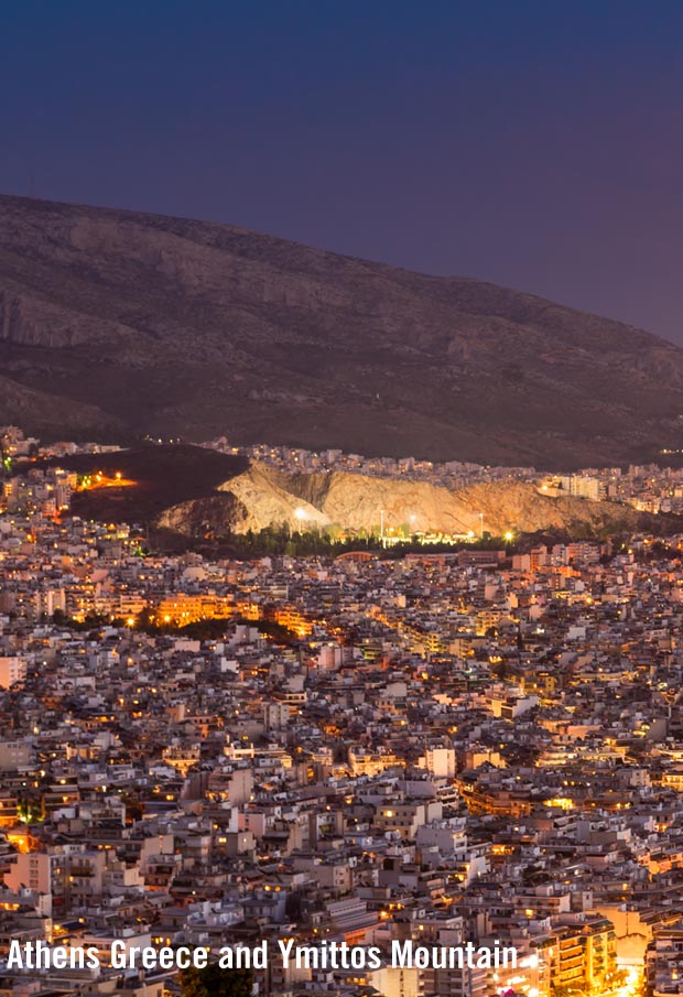 Athens and Ymittos Mountain at night