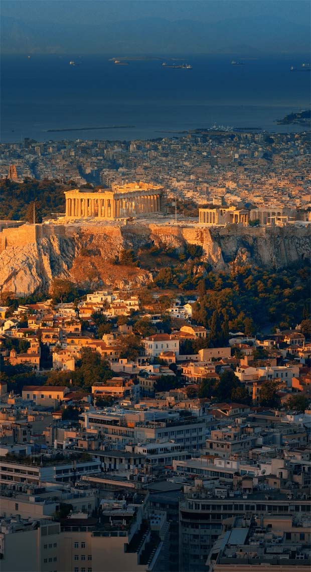 Athens Greece with view of Akropolis from Lykavitos