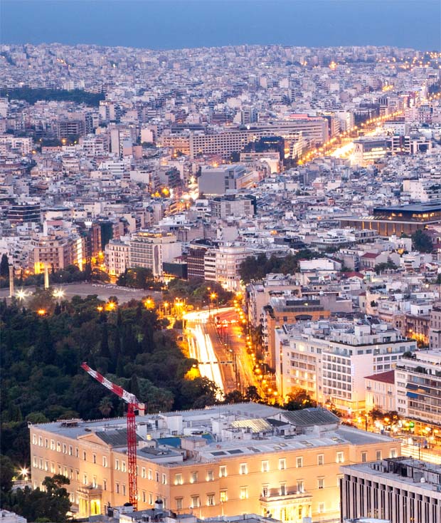 Sunset colors over Athens with Syntagma in view and Saronic Gulf