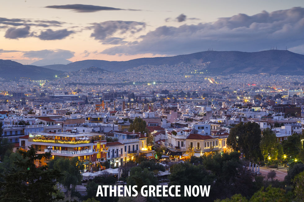 Nightfall over Athens Greece Now
