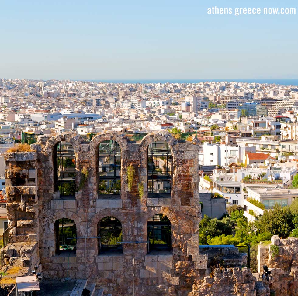 View of Athens Greece from Odeon of Herodes Atticus