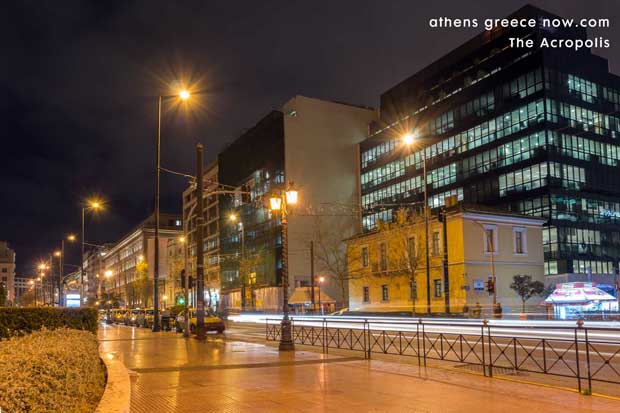 Night time street scene in Athens