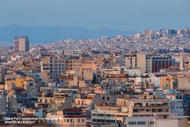 View of Psirri neighborhood from Areopagus Hill in Athens Greece