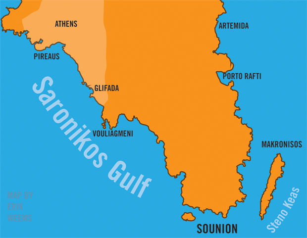 Cape Sounion Map Greece showing Saronikos Gulf