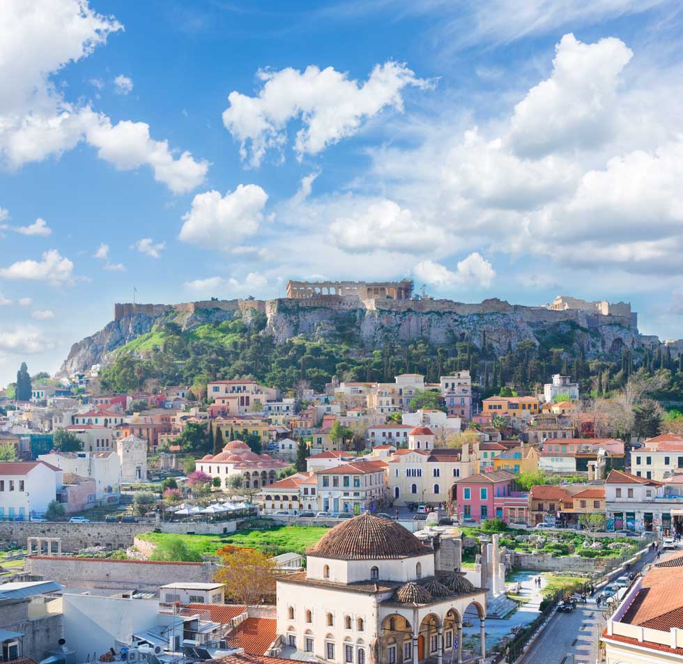 Blue skies over Monastiraki and the Acropolis in Athens Greece