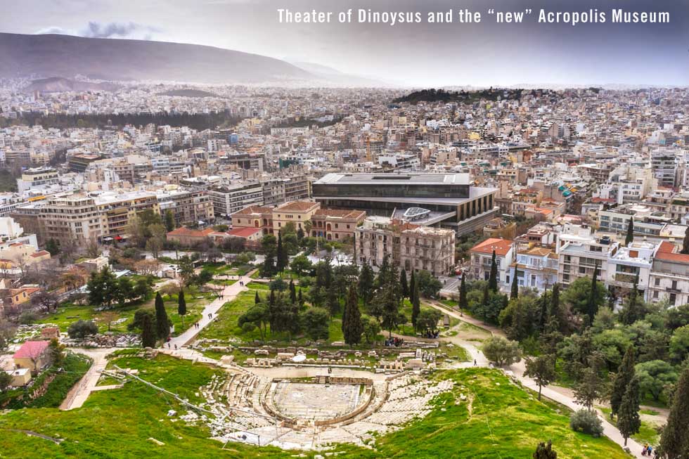 Theater of Dinoysus below the Acropolis in Athens Greece with the new Acropolis Museum