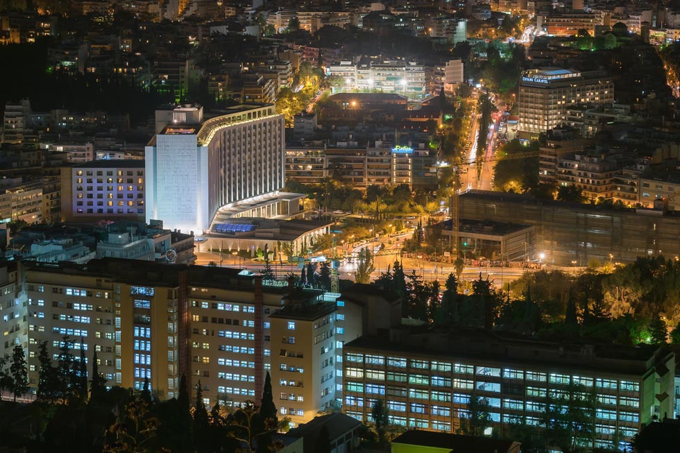 Athens at night looking upon the famous Hilton Hotel