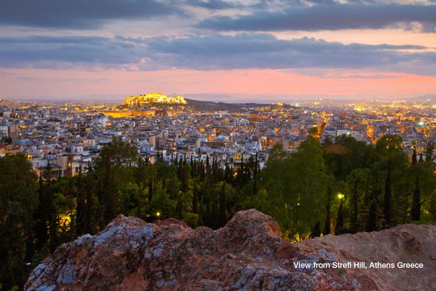 View of Athens Greece at night from Strefi Hill