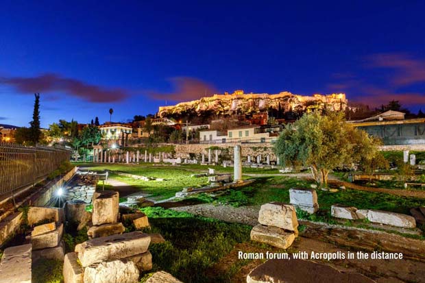 Roman Forum in Athens with Acropolis in background