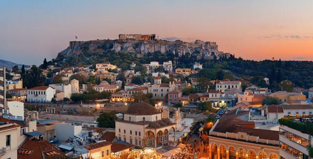 Acropolis at unset Athens Greece