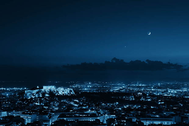 Athens Midnight Skyline with Moon