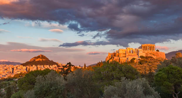 Acropolis and Lycabettus Hill in Athens Greece