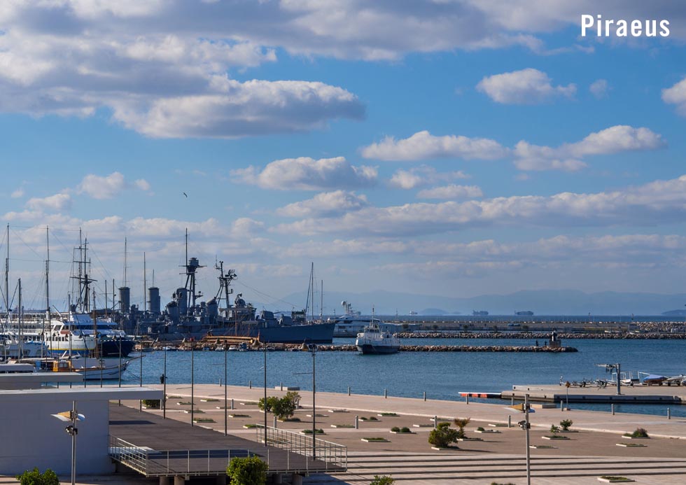 Piraeus, with the outline of the Museum Ship Averof and the destroyer Velos (also a museum craft) on the water