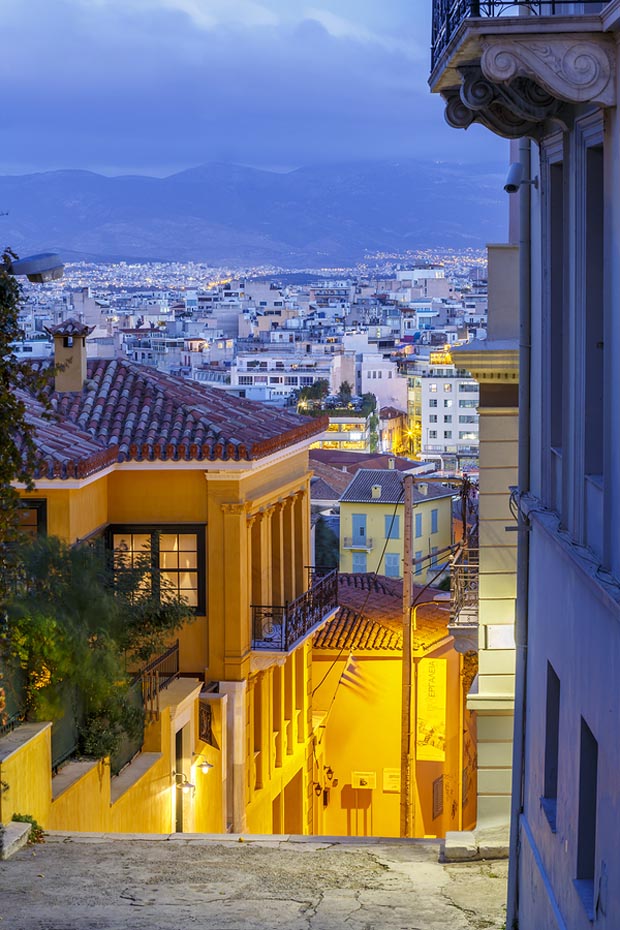 Looking out at Athens Greece at Dusk
