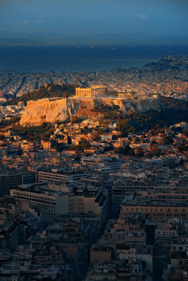 Evening sun on the Acropolis in Athens Greece