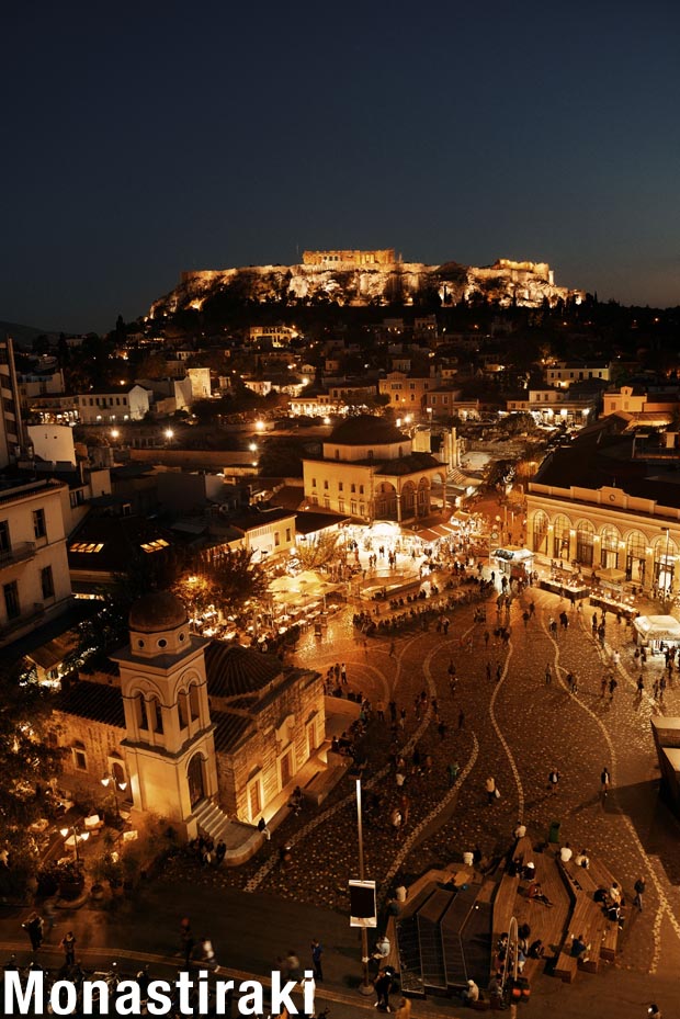 Athens Greece Acropolis at night and Monasteriki
