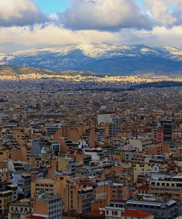 Athens Greece with snow in the distance