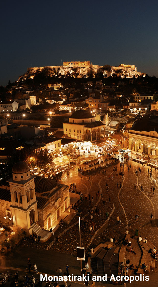 Monastiraki and Acropolis at night in Athens Greece
