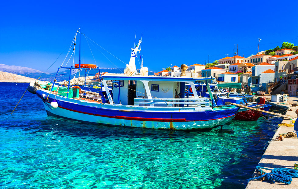 Traditional blue painted Greek fishing boat