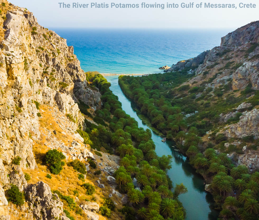 The River Platis Potamos emptying in Gulf of Messaras, Crete
