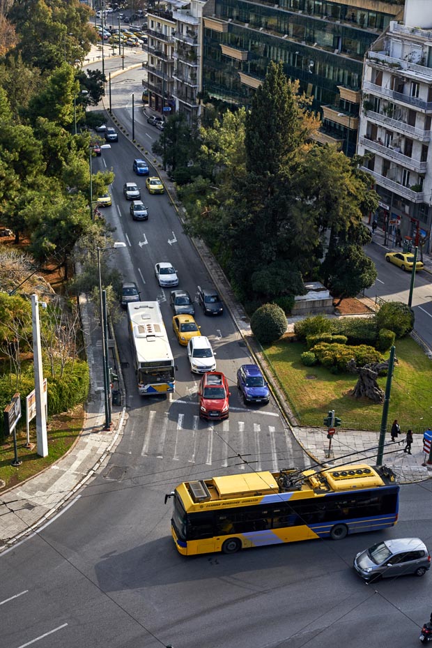 Downtown Athens Greece Roadway seen from above with city bus