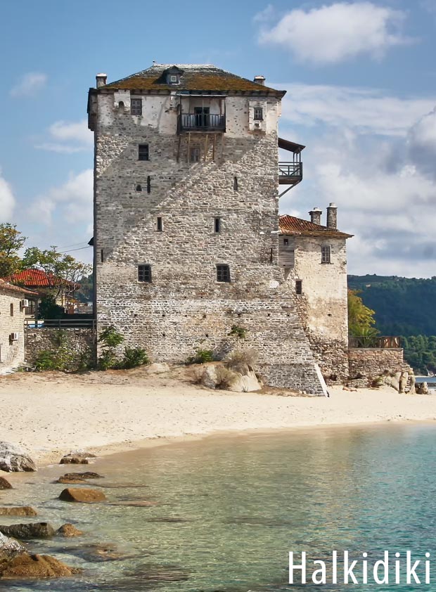 Halkidiki stone tower on the shore