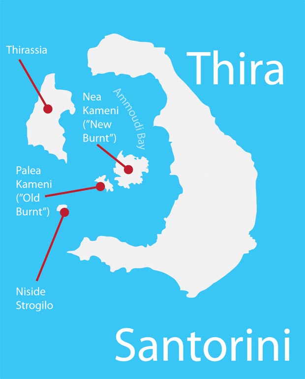 Map of Santorini Island showing each name