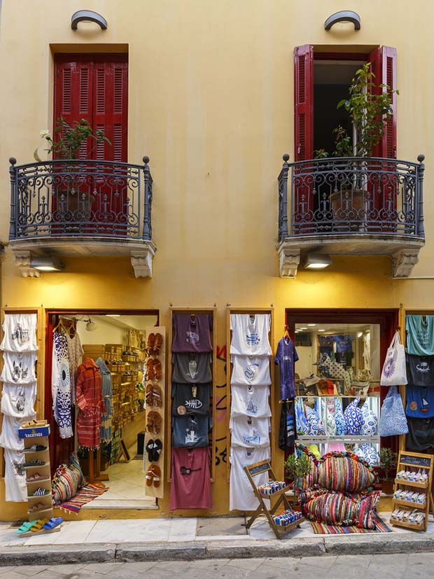 Residential balcony and store front in Plaka Nieghborhood