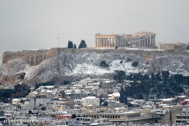 Snow on the Acropolis Greece Athens