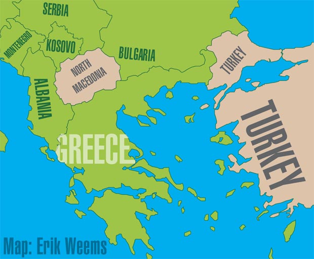 Map of North Macedonia and Greece and Turkey