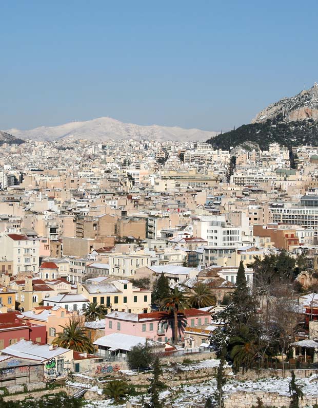 Athens Greece snow with Lycabettus and Penteli - click to enlarge and expand the photo