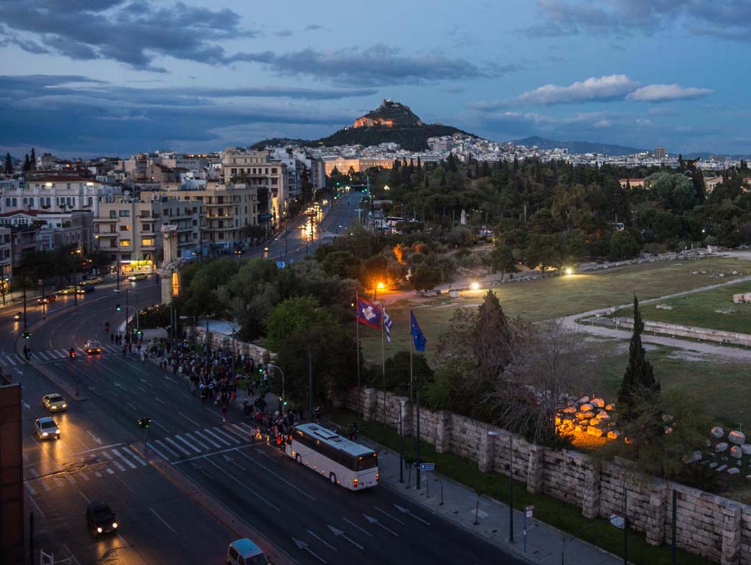 Lykabettus Mountain in Athens Greece near nightfall