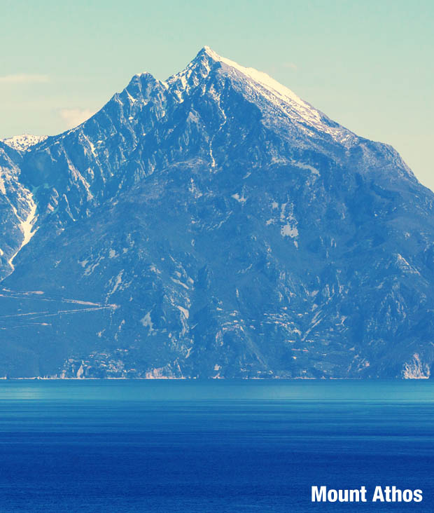 Mount Athos in winter with snow