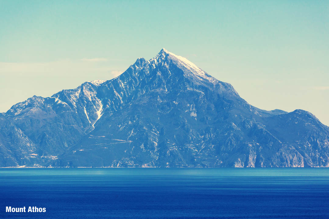 Mount Athos in winter with snow