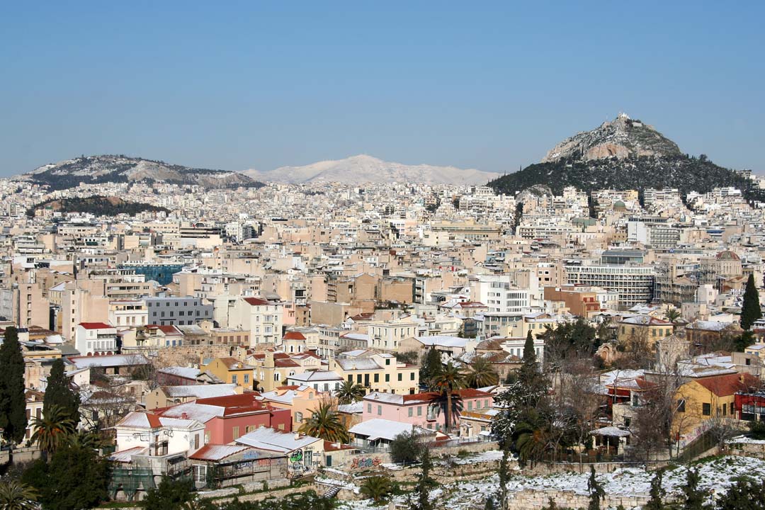 Athens Greece snow with Lycabettus and Penteli - click to enlarge and expand the photo