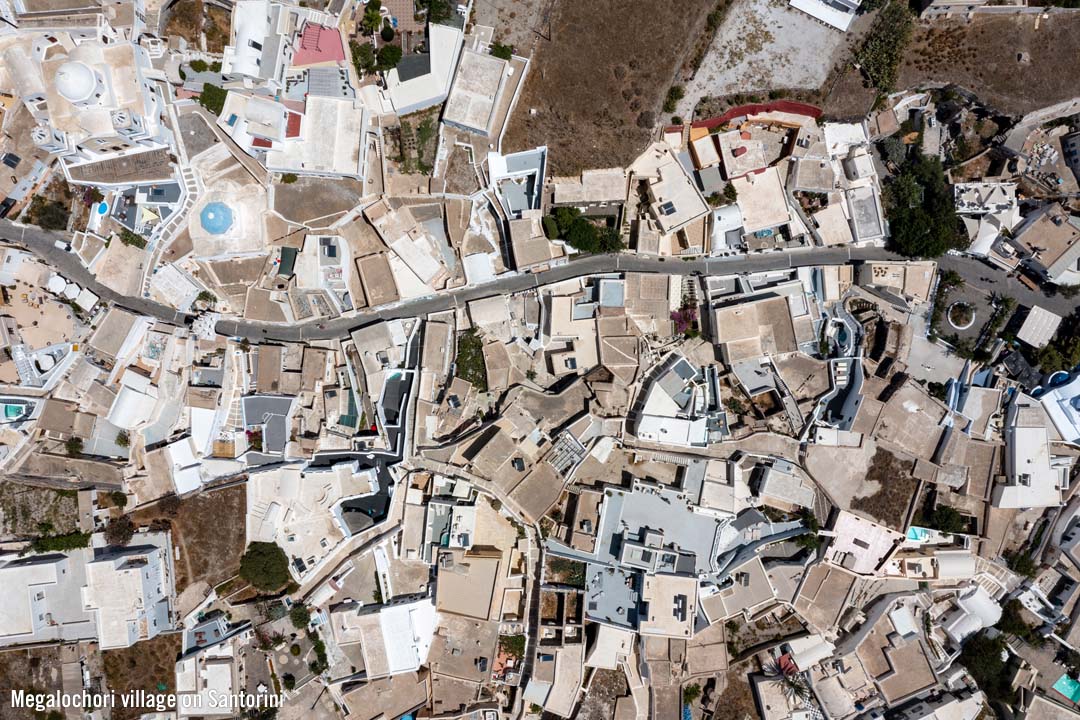 Drone view Megalochori village village on Santorini island