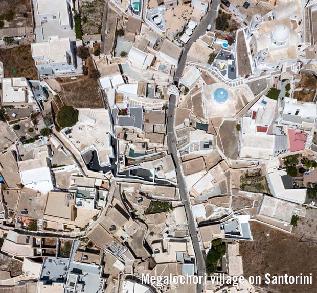 Drone view Megalochori village village on Santorini island