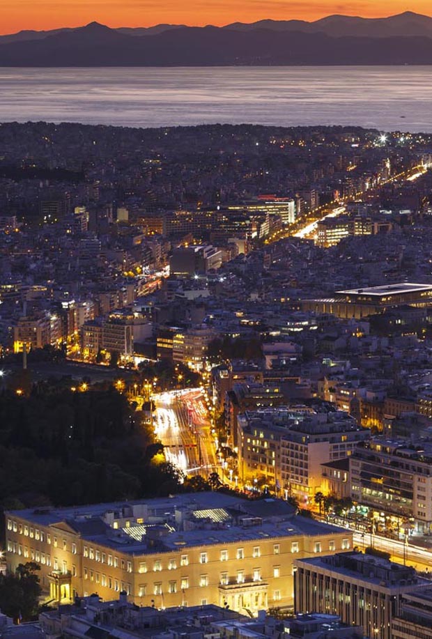 Night time city lights and colors of Athens Greece