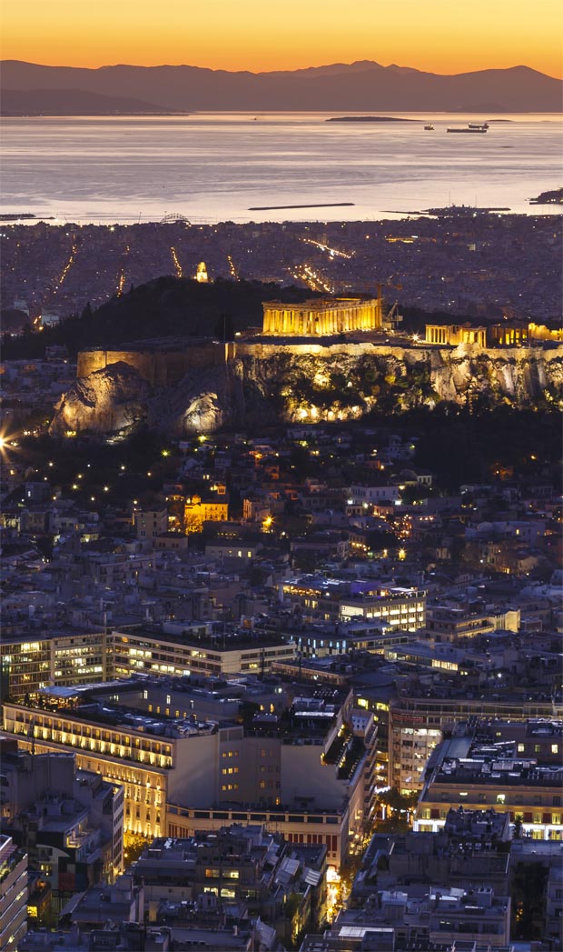 Night time city lights and colors of Athens Greece