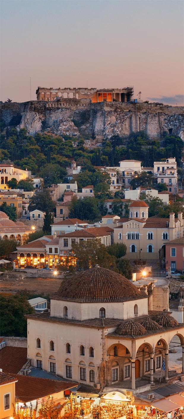 Click to see expanded and enlarged view of Parthenon and Monastiraki at night in Athens, Greece