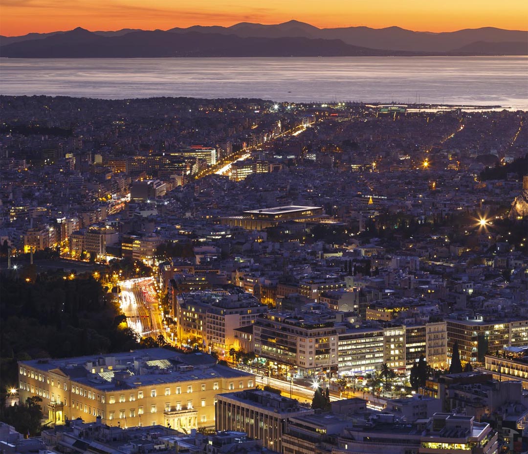 Night time city lights and colors of Athens Greece