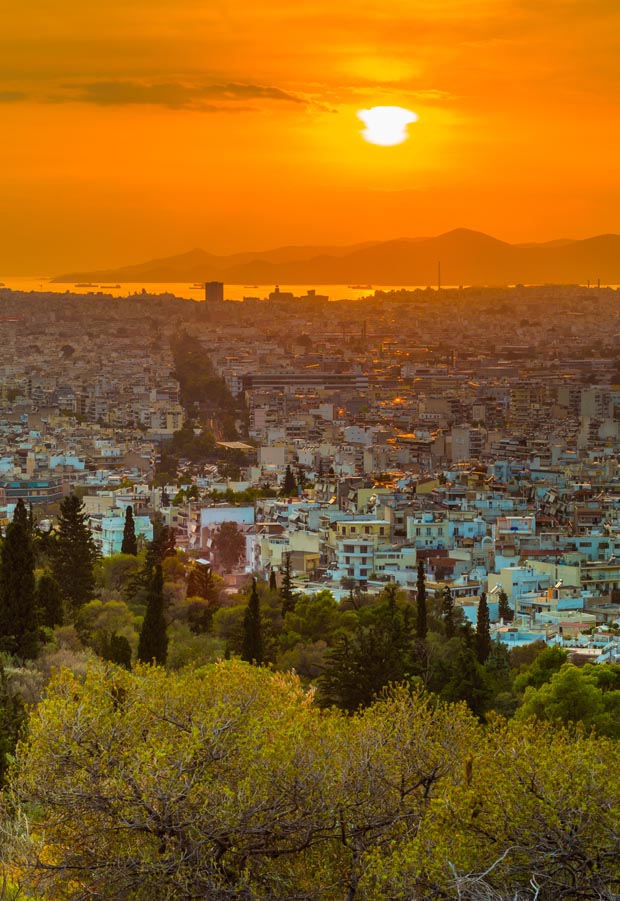 Saronic Gulf in the distance and Athens in the foreground