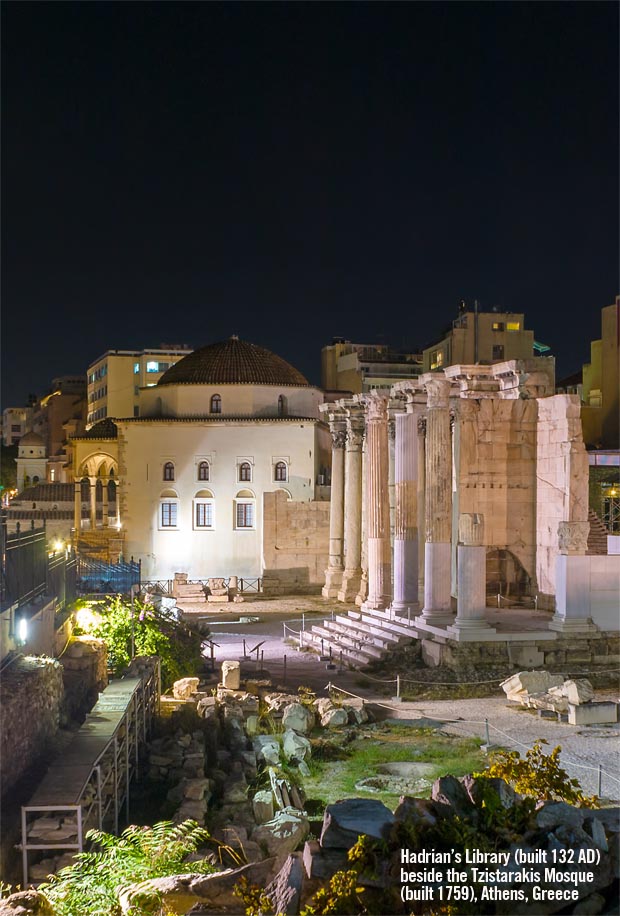 Hadrians Library at night by Monastiraki with the Tzistarakis Mosque