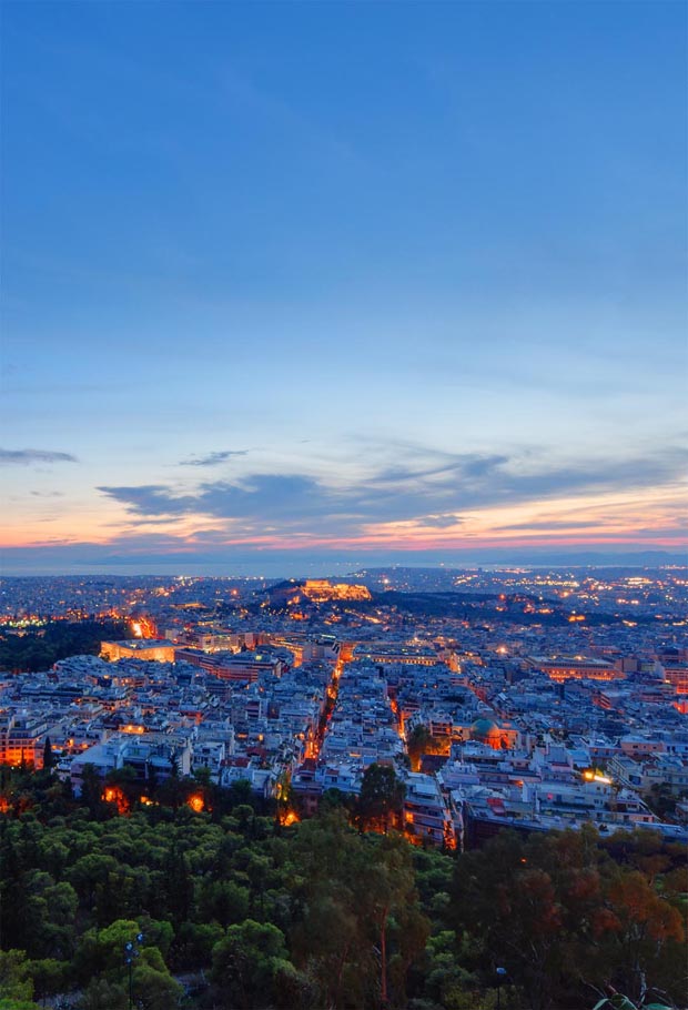 At night in Athens with the city lights showing