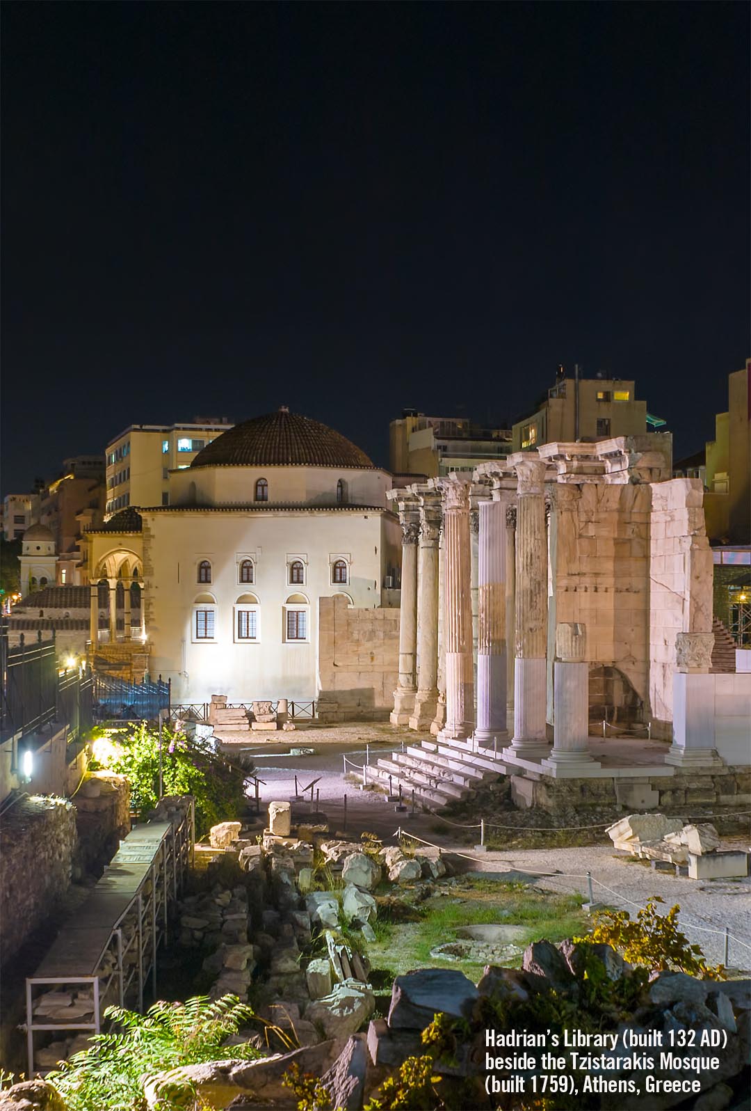 Hadrians Library at night by Monastiraki with the Tzistarakis Mosque